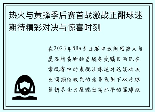 热火与黄蜂季后赛首战激战正酣球迷期待精彩对决与惊喜时刻