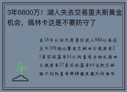 3年6800万！湖人失去交易里夫斯黄金机会，佩林卡这是不要防守了